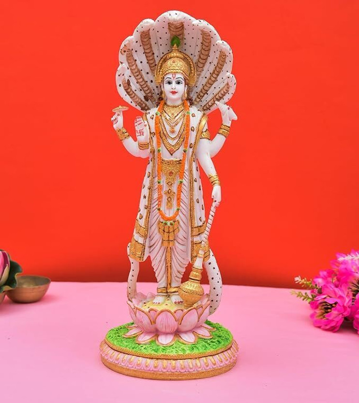 shri balaji crafts Lord Vishnu Statue Idol Murti Standing on Lotus Base with Sheshnag Decorative Showpiece  -  30 cm(Marble, Multicolor)