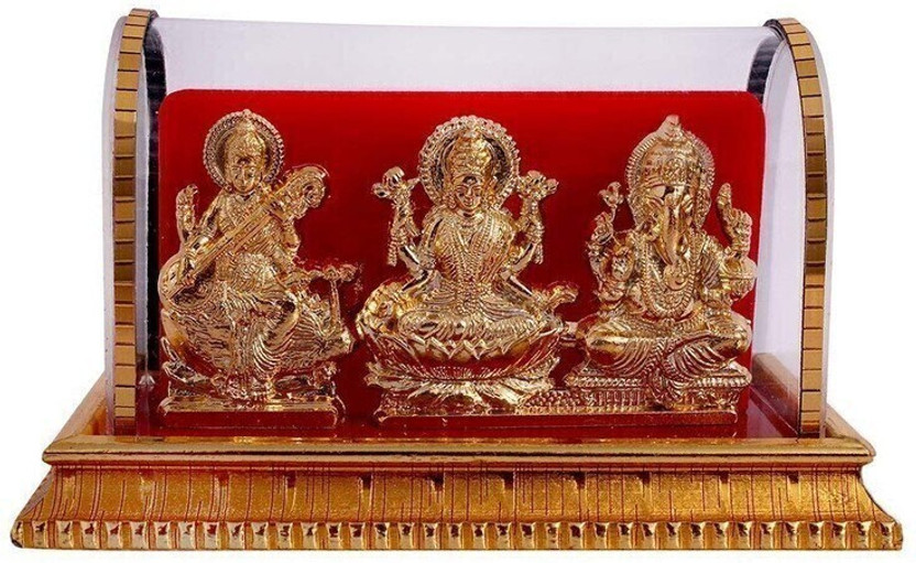 INTERNATIONAL GIFT Gold Plated Laxmi Ganesh Saraswati Idol In Acrylic Box | For Pooja, Mandir Decorative Showpiece  -  12 cm(Brass, Gold)