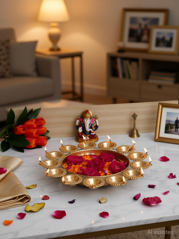 DESIGNSUPERIOR Decorative Urli Bowl for Flowers Diyas Festival Decoration Home Round Urli Gold Iron Decorative Platter(Gold)