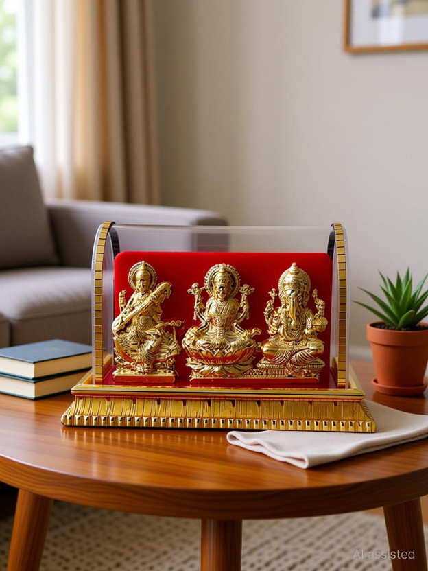 INTERNATIONAL GIFT Gold Plated Laxmi Ganesh Saraswati Idol In Acrylic Box | For Pooja, Mandir Decorative Showpiece  -  8 cm(Metal, Gold)