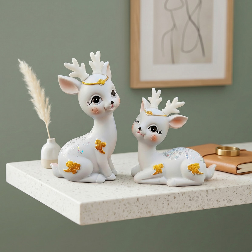 Elegant Lifestyle Adorable Twin Deer Statues with Gold Accents – Home Decor Gift Set Decorative Showpiece  -  10 cm(Polyresin, White)