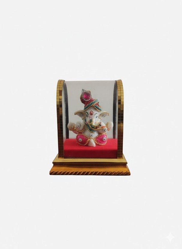 TULANA INDUSTRIES PRIVATE LTD Ganesha Idol with Golden Mosaic Glass Case and Ornate Base - 12 cm (Multicolor) Decorative Showpiece  -  9 cm(Fabric, Multicolor)