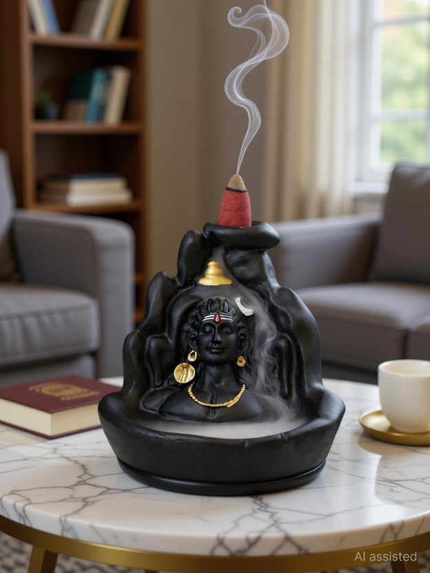 Magic Creation Adiyogi Backflow Incense Burner 4 Inch Smoke Fountain Shiva Idol with 10 Cones Decorative Showpiece  -  10.2 cm(Polyresin, Black)