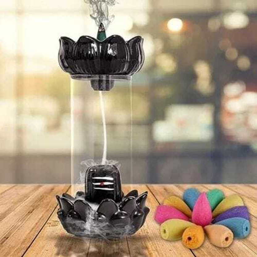 VE AND YOU Premium Shivling Smoke Fountain Backflow Incense Holder Waterfall Decor Decorative Showpiece  -  10 cm(Resin, Black)
