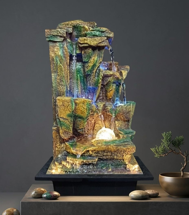 ANI DIVINE Mountain Rock Waterfall Fountain || 2 Feet Big Indoor Outdoor Green Fountain Decorative Showpiece  -  61 cm(Resin, Multicolor)