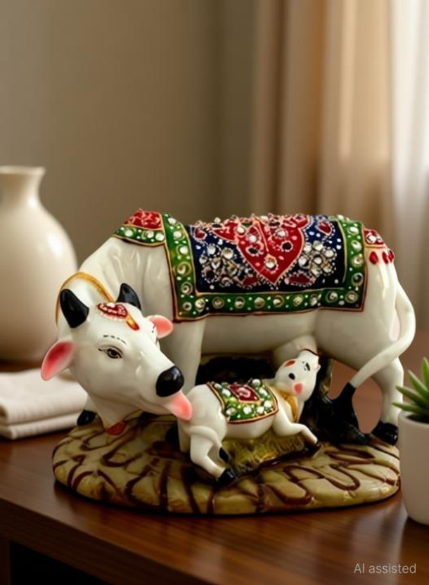 AfriHandicraft Decorative Cow and Calf Big Statue, Marble dust, Poly-Resin,Spiritual Vastu Nandi Pooja Figurine Sculpture, Kamdhenu Designer Stone Studded Gau MATA Animal Puja Idol Gift ans Home Decorative Showpiece  -  12.5 cm(Polyresin, Multicolor)