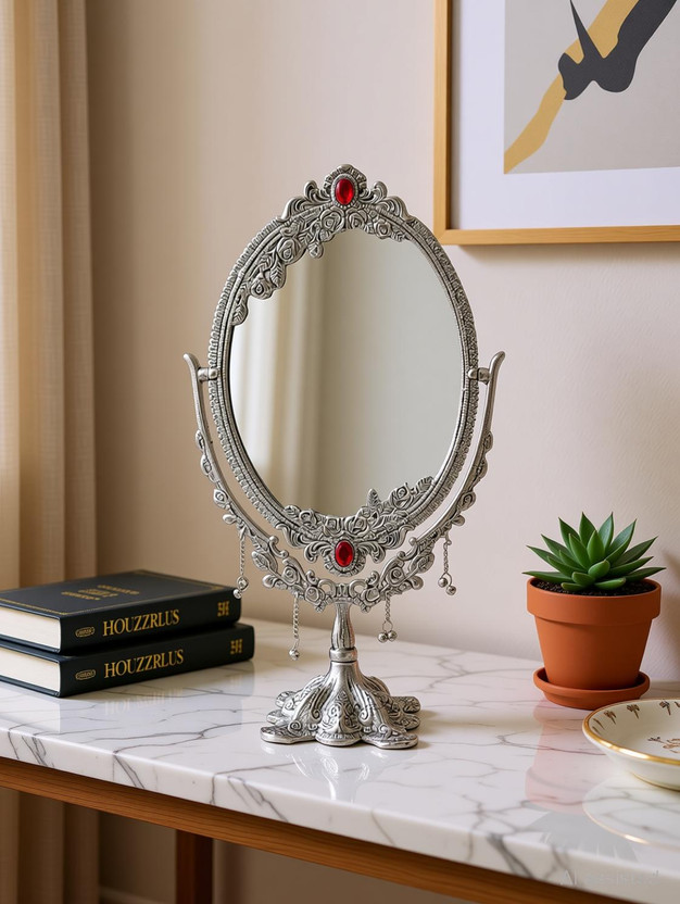 HOUZZPLUS HOUZZPLUS Handicraft Aluminium Frame Antique Look Double-Sided Vanity Mirror with Stand Decorative Showpiece  -  36 cm(Aluminium, White) - Flipkart Deal