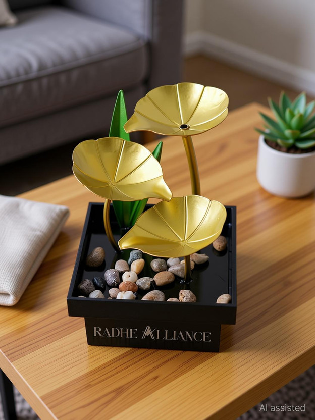 RADHE ALLIANCE Water Fountain for Home Decor, Tabletop Zen Meditation Fountain - 14x7x22cm Gold Decorative Showpiece  -  22 cm(Metal, Plastic, Gold)
