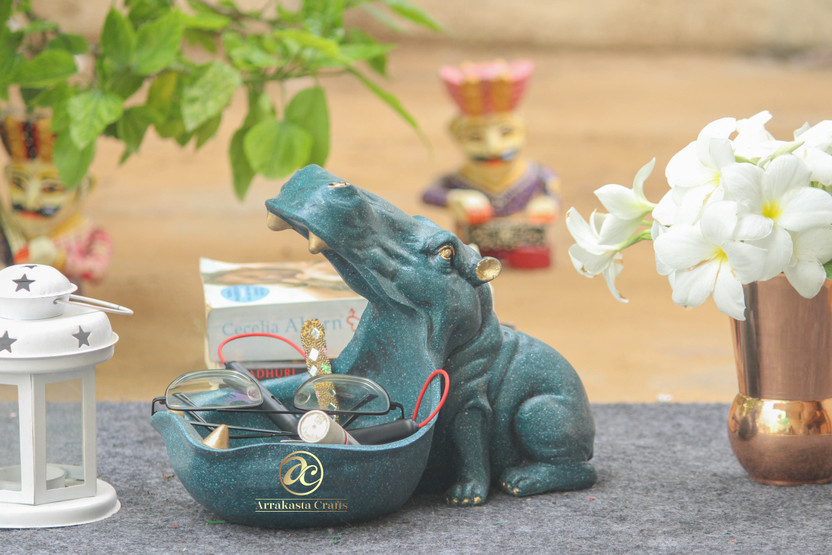 Arrakasta Crafts Big Mouth Hippopotamus Storage Organizer Hippo Animal Statue Home Interior Decorative Showpiece  -  20 cm(Polyresin, Blue)