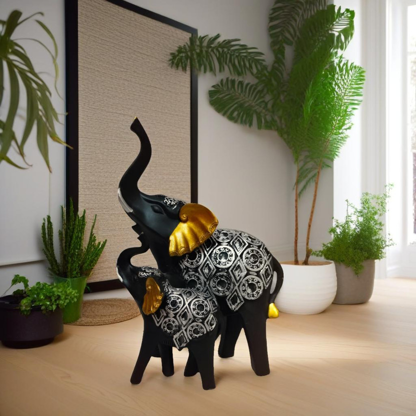 NEFA DECOR Mother Son Elephant Showpiece Black & Gold for Home Decorative Showpiece  -  21.59 cm(Polyresin, Black)