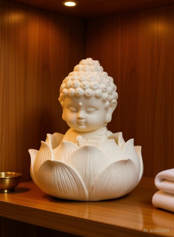 Ananya Trading Lotus Baby Buddha Statue Ideal for Home, Office Desk & Car Dashboard Decorative Showpiece  -  10 cm(Polyresin, White)