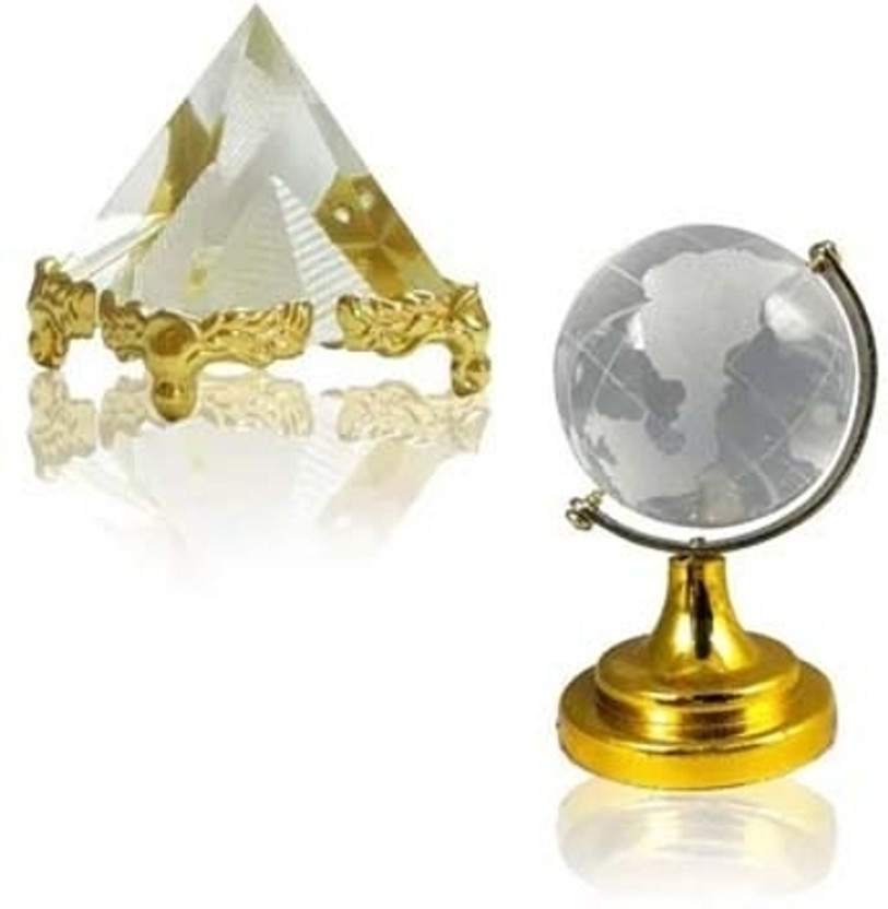 Divine Creations Crystal Pyramids with Globe for Positive Energy in Home and Office - Set of 2 Decorative Showpiece  -  6 cm(Glass, Gold)