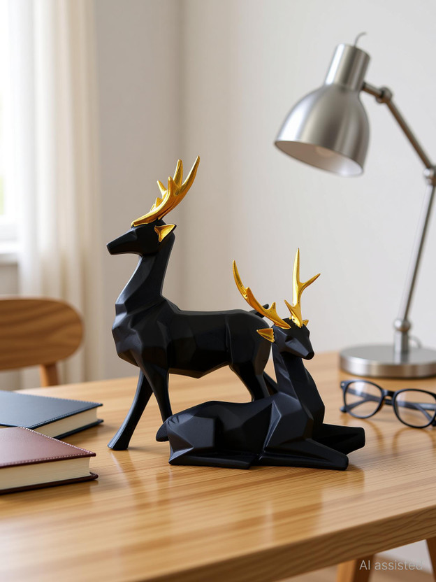 FAMTURE Black Deer/Hiran Showpiece for Home Decor Showpiece & Office Decor Set of 2 Decorative Showpiece  -  15.24 cm(Polyresin, Black)