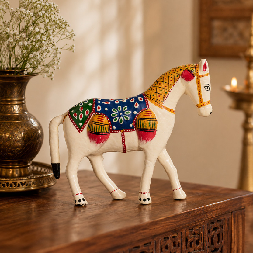 DreamKraft 6 Inch Paper Mache Horse Showpiece Idol For Home Décor And Gift Purpose Decorative Showpiece  -  18 cm(Paper Mache, White)