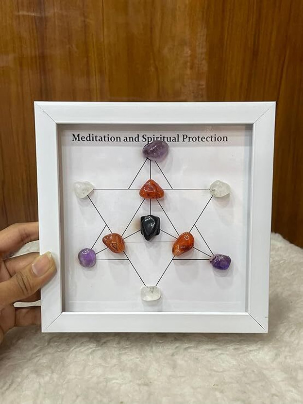 Nooragate Crystal Grid Meditation and Spiritual Protection Frame – Handcrafted with Stones Decorative Showpiece  -  7 cm(Crystal, Stone, Multicolor)