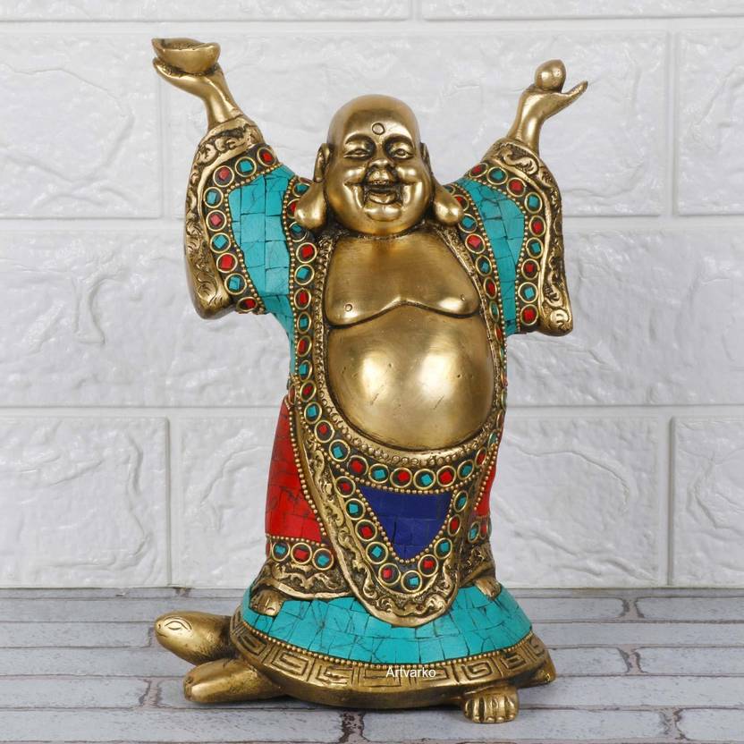 Brass statue villa Feng Shui Laughing Buddha Standing on Tortoise Brass