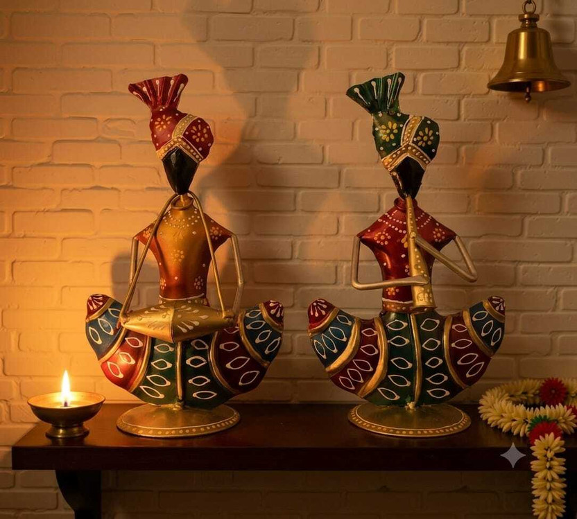 Handicrafy Handicrafy Sitting Rajasthani Folk Musician Metal Statue Pair Decorative Showpiece  -  23 cm(Iron, Multicolor)