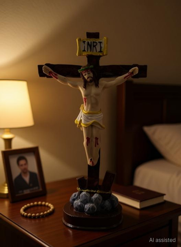 Divine Creations Crucifix Statue with Stand for Home Altar Decorative Showpiece  -  15 cm(Polyresin, Brown)
