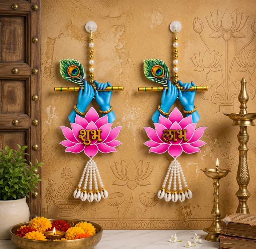 kartbull kartbull Krishna Lotus Shubh Labh Hanging Decorative Showpiece  -  4 cm(Fabric, Plastic, Wood, Multicolor) - Flipkart Deal