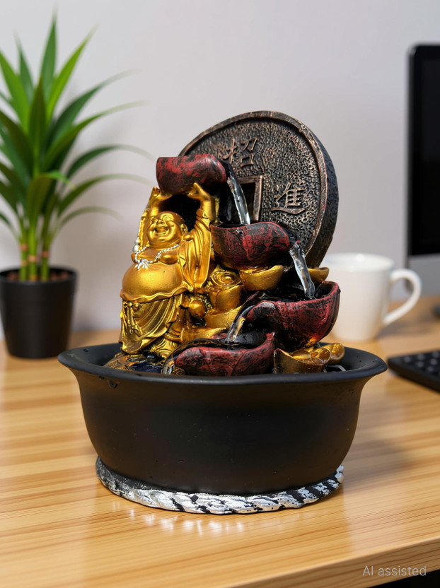 homicarft Laughing Buddha Statue Water Fountain with LED Lights - Indoor Spiritual Decor Decorative Showpiece  -  27 cm(Polyresin, Black, Brown, Gold)