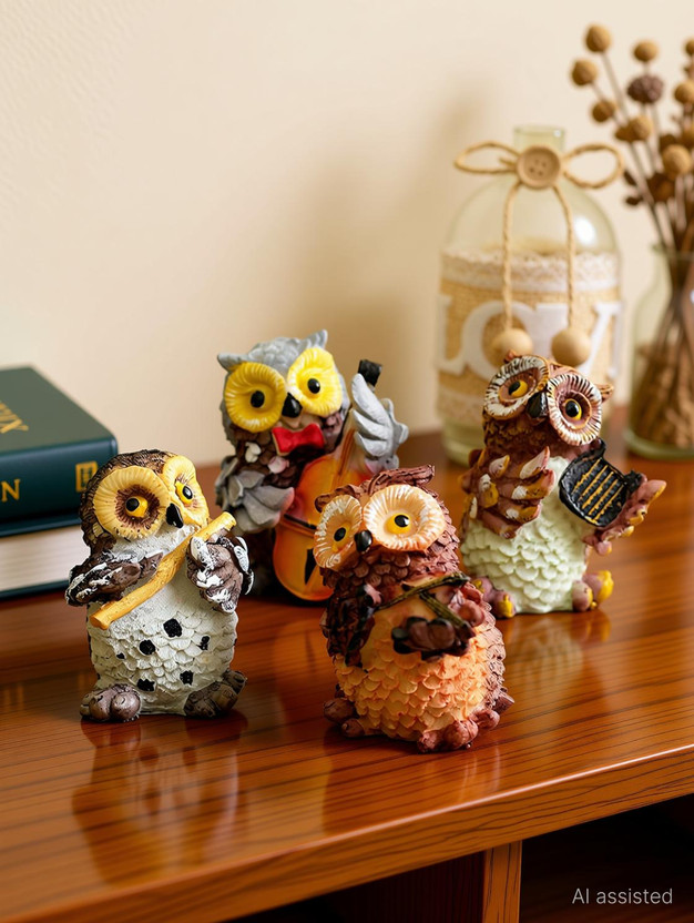 Xeekart Set of 4 Owls Playing Musical Instruments Showpiece Figurines Garden Statues Decoration Decorative Showpiece  -  9 cm(Polyresin, Multicolor)