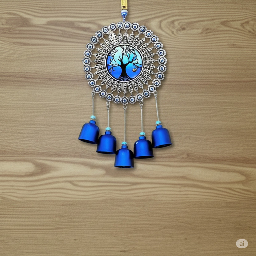 BALAJI DECORATIONS Evil Eye Hanging Wind Chimes for Home Decor Balcony and Positive Energy Decorative Showpiece  -  15 cm(Metal, Blue)