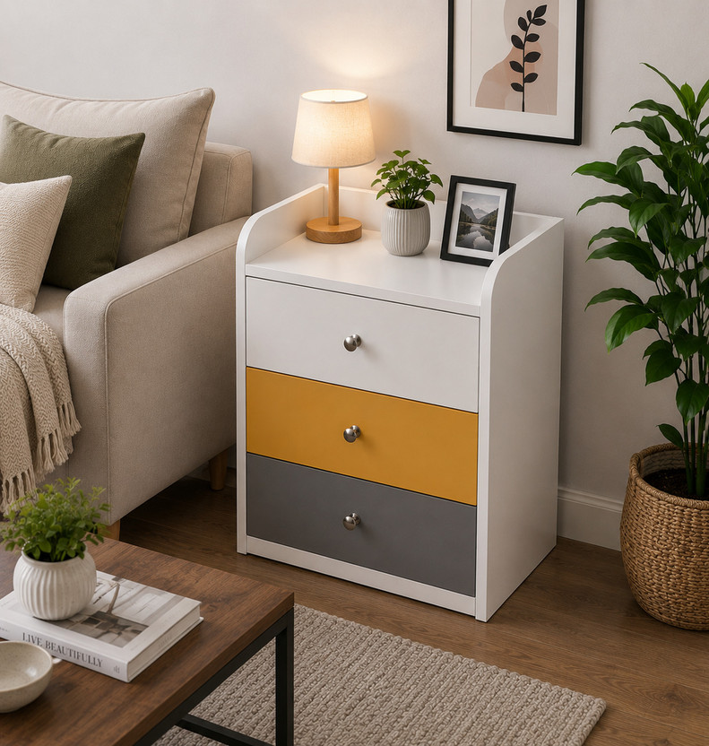 KAWACHI KAWACHI Sofa Side End Bed Side Tables Nightstand with 3 Spacious Drawers for Storage Engineered Wood Bedside Table(Finish Color - White Multi Drawer, DIY(Do-It-Yourself)) - Flipkart Deal