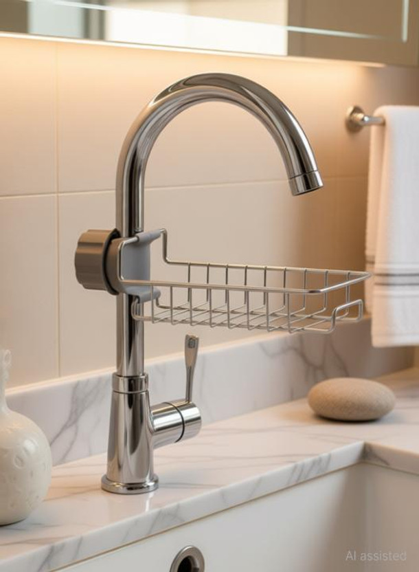 TRIVYOM Stainless Steel Sink Sponge Tap Organizer for Kitchen Faucet Shelf, Faucet Drain Rack with Soap Holder. Stainless Steel Wall Shelf(Number of Shelves - 1, Silver)