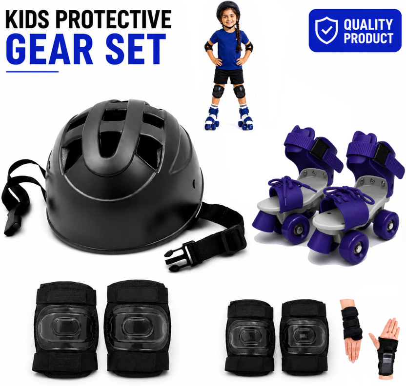 Shopeleven Shopeleven Kids 4 Wheel Skates with Helmet Knee Pads Elbow Pads Safety Gear Set Skating Kit - Flipkart Deal