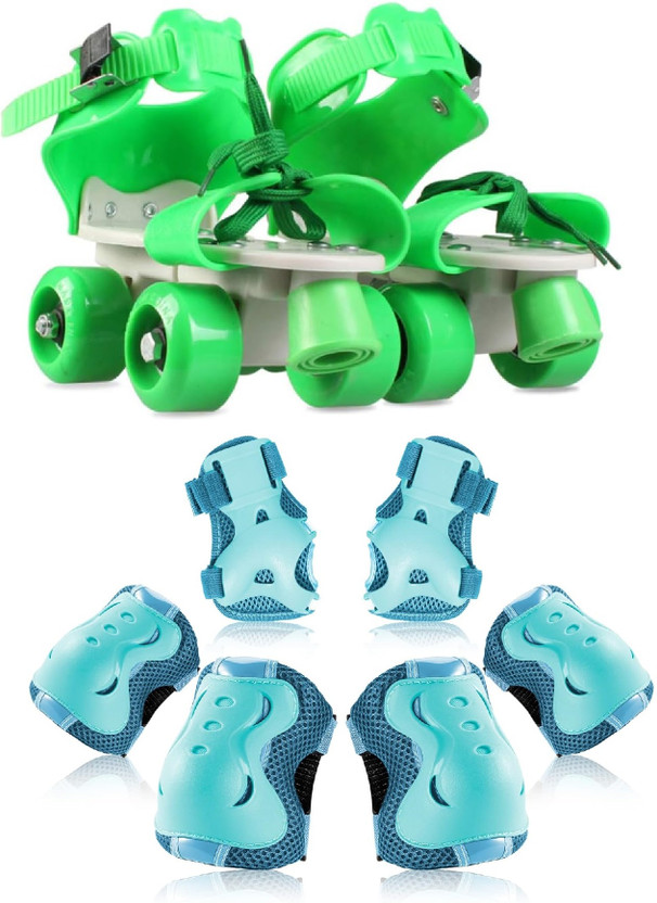 LIVE SPORTS Roller Skates With Knee and Elbow Pads, Wrist Guards 3 in 1 Protective Gear Quad Roller Adults Size  5 UK - 9 UK(Adjustable, Training, Beginner, Advanced, Green)