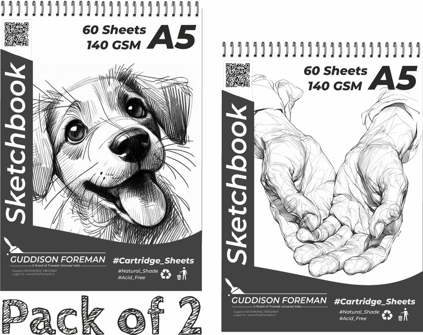 Guddison Foreman A5 Drawing Book / Sketchbook | 60 Sheets (120 Pages) | Hardcover at Back Sketch Pad(60 Sheets, Pack of 2)