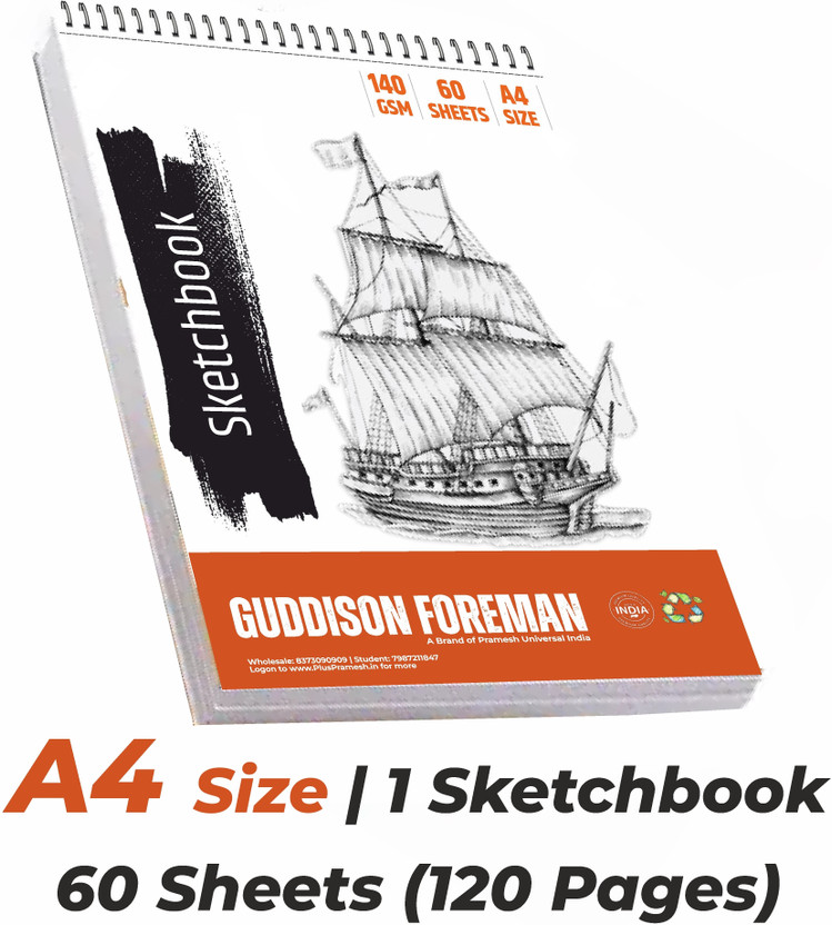 Guddison Foreman A4 Drawing Book / Sketchbook | 60 Sheets (120 Pages) | Hardcover at Back Sketch Pad(60 Sheets)