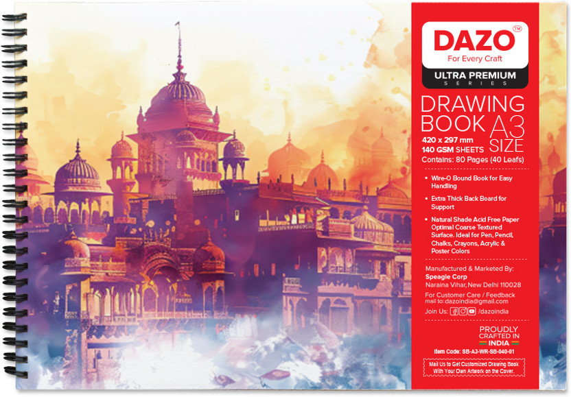 dazo Sketch Book A3, 80 Pages, 140GSM Cartridge Paper, Drawing Book (40 Sheets) Sketch Pad(40 Sheets)