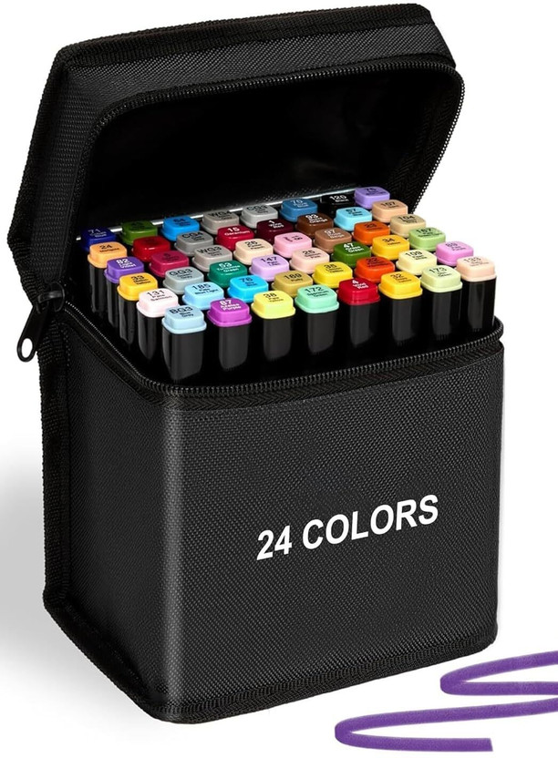 Eduwation 24 pcs Dual Tip Alcohol Based Art Marker With Carrying Case Pointy, Highlighter Nib Sketch Pens(Set of 24, Multicolor)