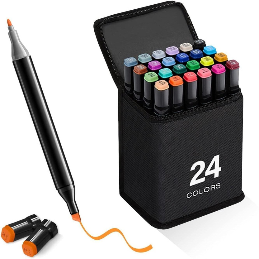 INDIWARRIOR Dual Tip Art Markers Set – 24 Odorless & Non-Toxic Colors with Carrying Case(Set of 24, Multicolor)