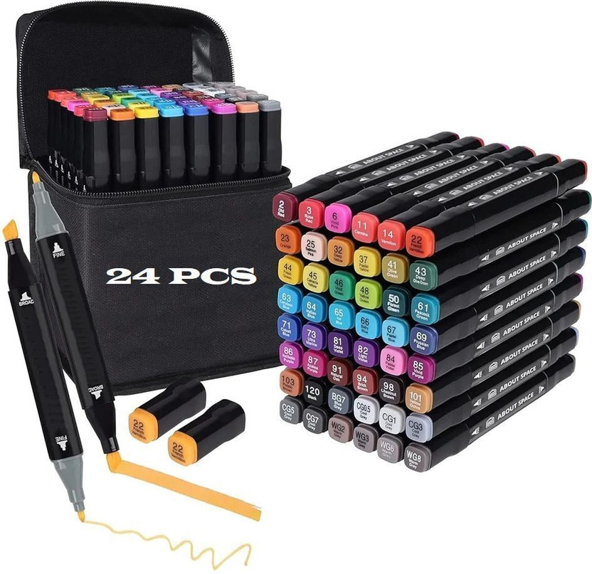 Belanto Dual Tip 24 Color Art Markers With Carrying Case For Kids Adult Painting Drawing Twin Head Chisel & Ultra Fine Permanent Colouring Marker Pens Nib Sketch Pens(Set of 24, Multicolor)