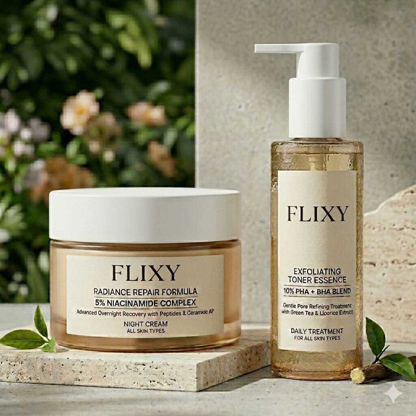 FLIXY Radiance Repair Night Cream with 5% Niacinamide + Exfoliating Toner Essence 10% PHA BHA | Skin Brightening, Dark Spot Removal(100 g)