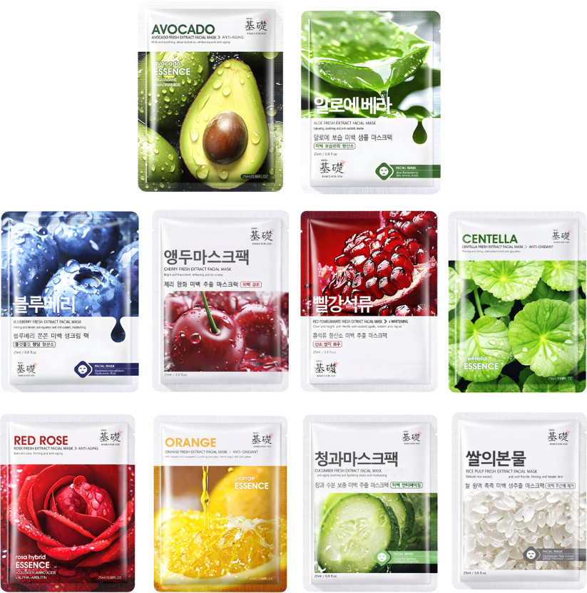 KISOU Face Mask Sheets For All Skin Types, Women & Men | Korean Sheet Mask Pack Of 10(250 ml)