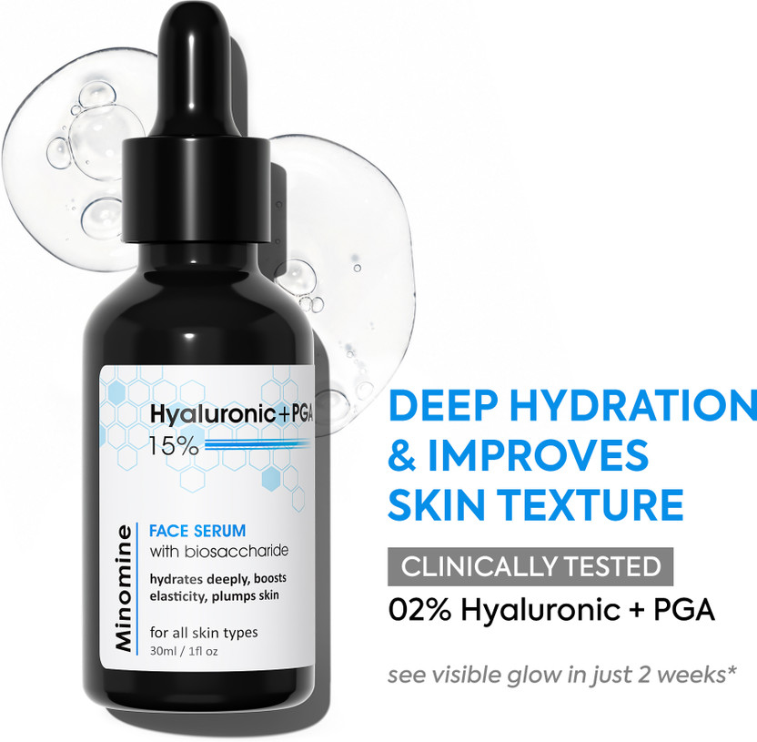 Minomine Minomine 02% Hyaluronic Acid + PGA Face Serum with biosaccharide | Hydrates deeply, Boosts elasticity, Plumps skin | Men & Women, All Skin Types(30 ml) - Flipkart Deal