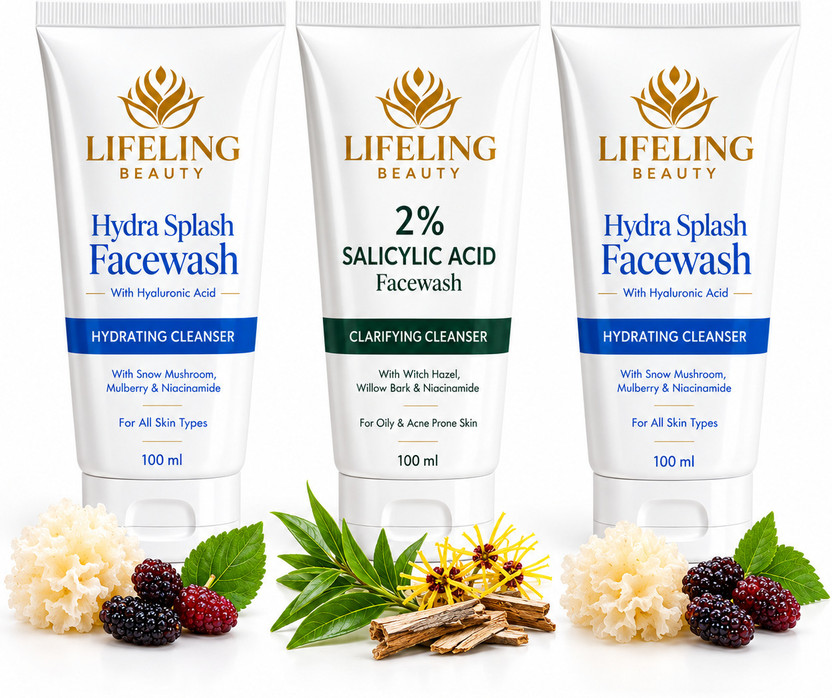 Lifeling Beauty LIFELING BEAUTY Hydra Splash Facewash + 2% Salicylic Acid Facewash Combo Pack of 3 (100ml + 100ml + 100ml) | Hydrating & Acne Control Face Wash for Men & Women(300 ml)
