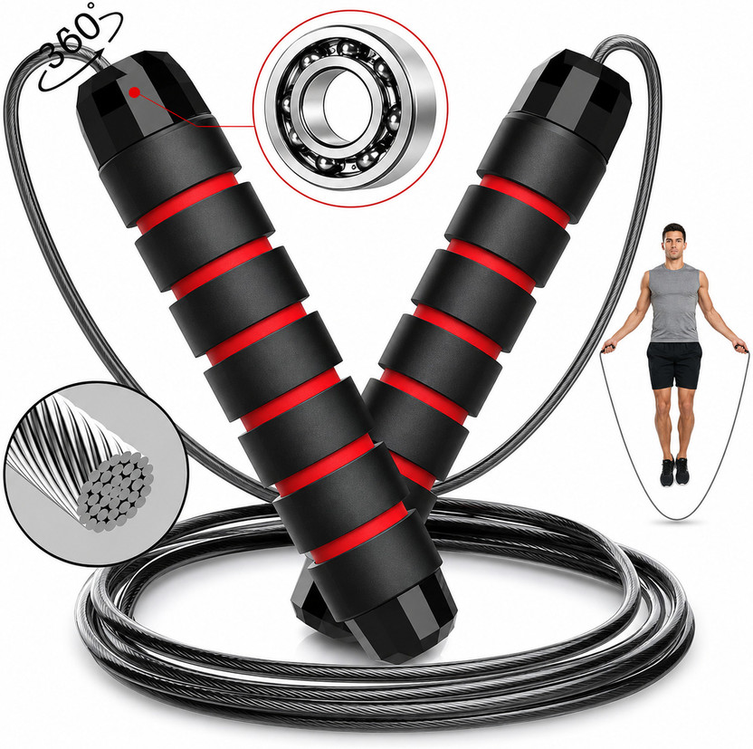 Fitness Scout Adjustable Steel Jump Rope Workout with Foam Handles for Fitness, Home Exercise Ball Bearing Skipping Rope(Black, Length: 280 cm)