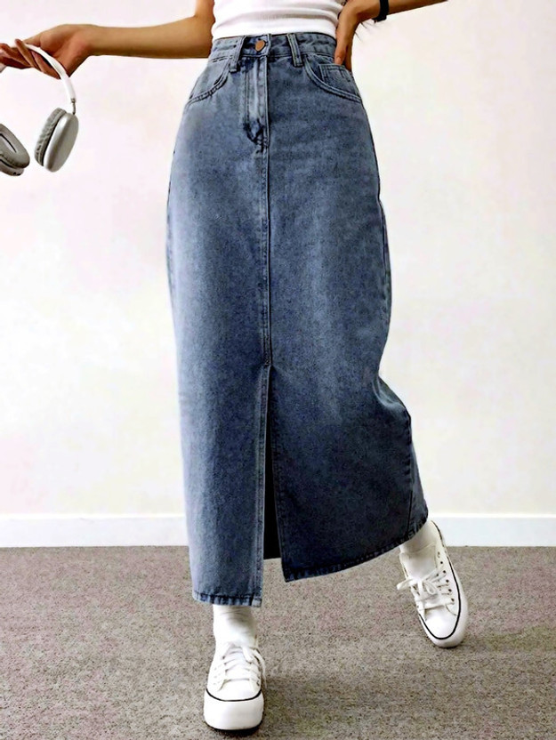 Herway Solid Women Regular Blue Skirt
