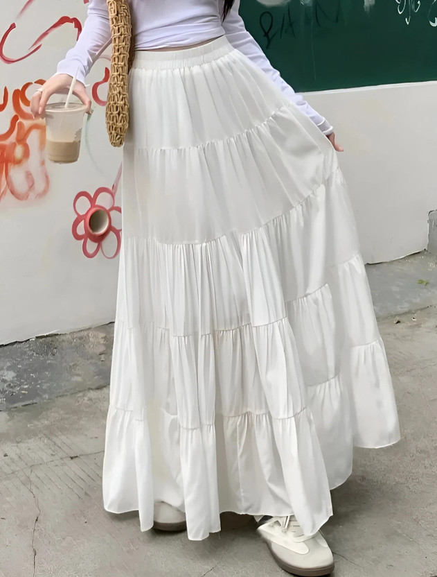 SLF INDIA Solid Women Gathered White Skirt