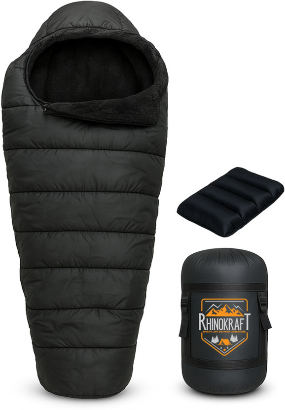 RHINOKraft Hiking & Camping Waterproof Inner Warmed + Air Travel Pillow Sleeping Bag(Black)