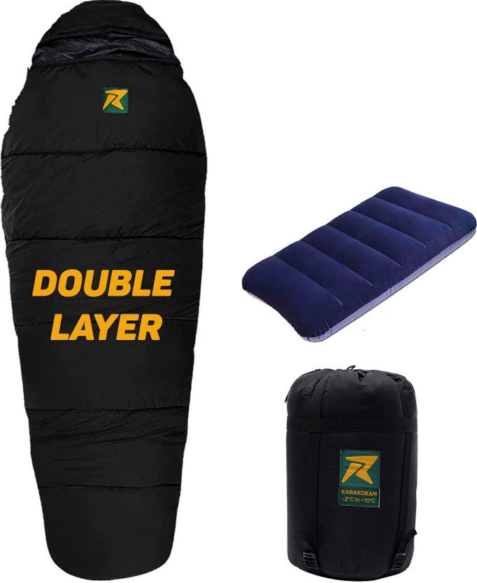 Rocksport Karakoram -2°C +10°C Double Layer Sleep Bag for Adults,Camping with Air Pillow Sleeping Bag(Black)