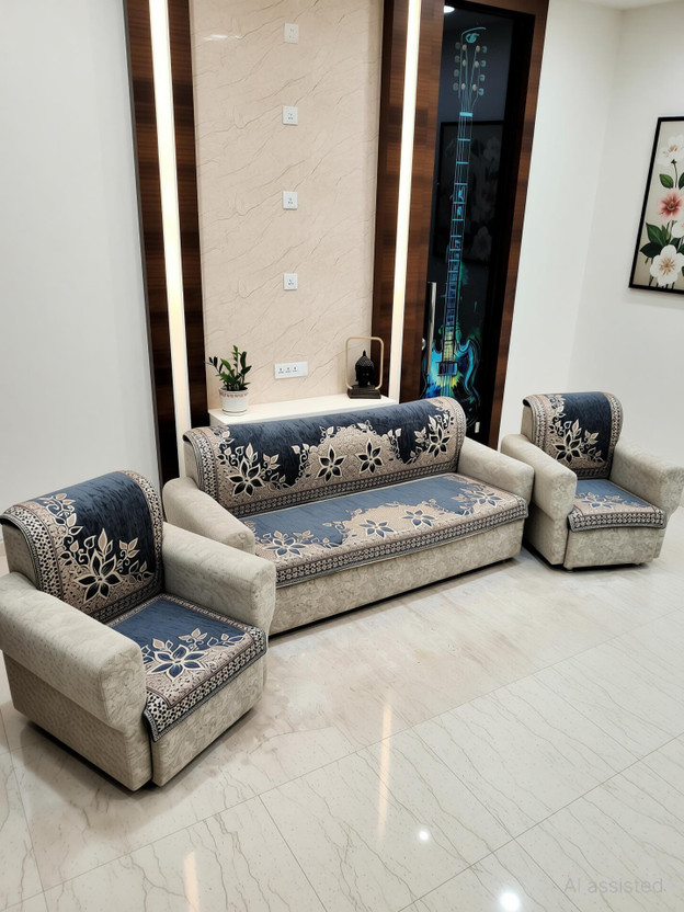 MHF Velvet, Chenille 3+1+1 Seater Sofa Floral Cover(Pack of 6 Grey)