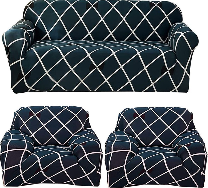furshine Polyester 3+1+1 Seater Sofa Abstract Cover(Pack of 3 Blue)