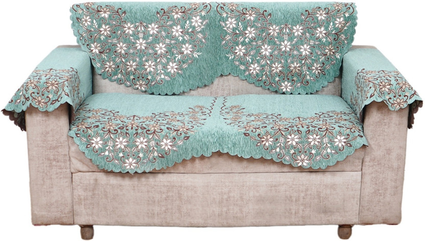 Fashion Throw Chenille 2 Seater Sofa Floral Cover(Pack of 4 Sage Green)