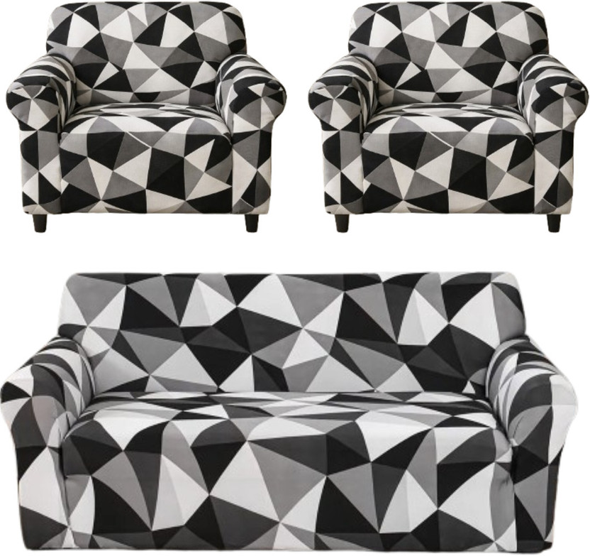papsun Polyester 3+1+1 Seater Sofa Printed Cover(Pack of 3 Black,white abstract)