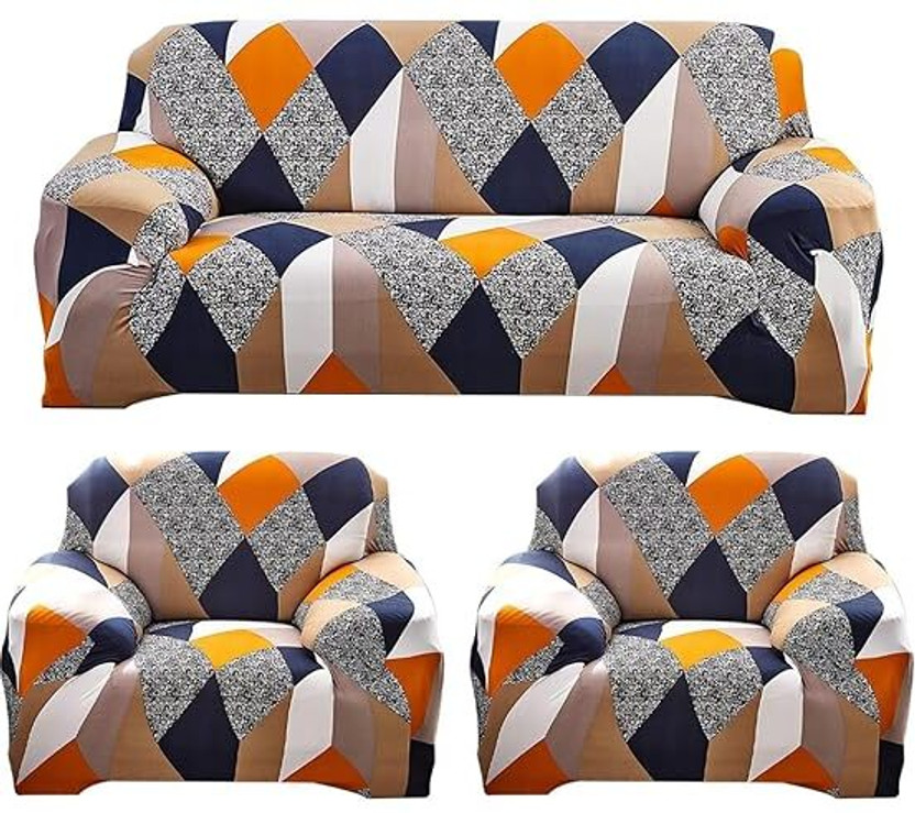 SmartFab Polyester 3+1+1 Seater Sofa Geometric Cover(Pack of 1 Orange)